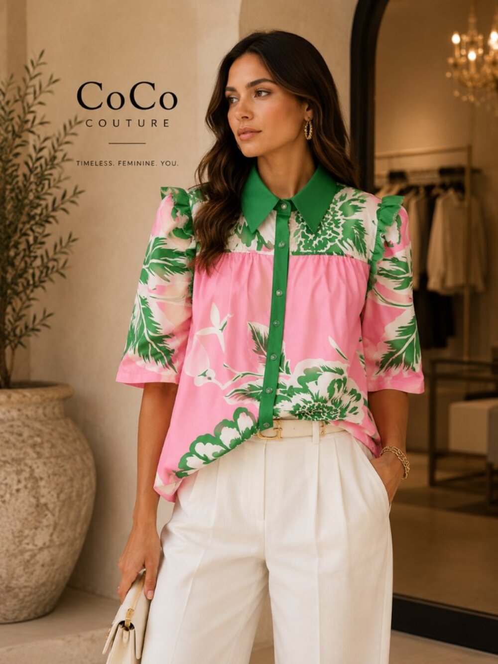 RCJY06752 Pink and green Button Up top
